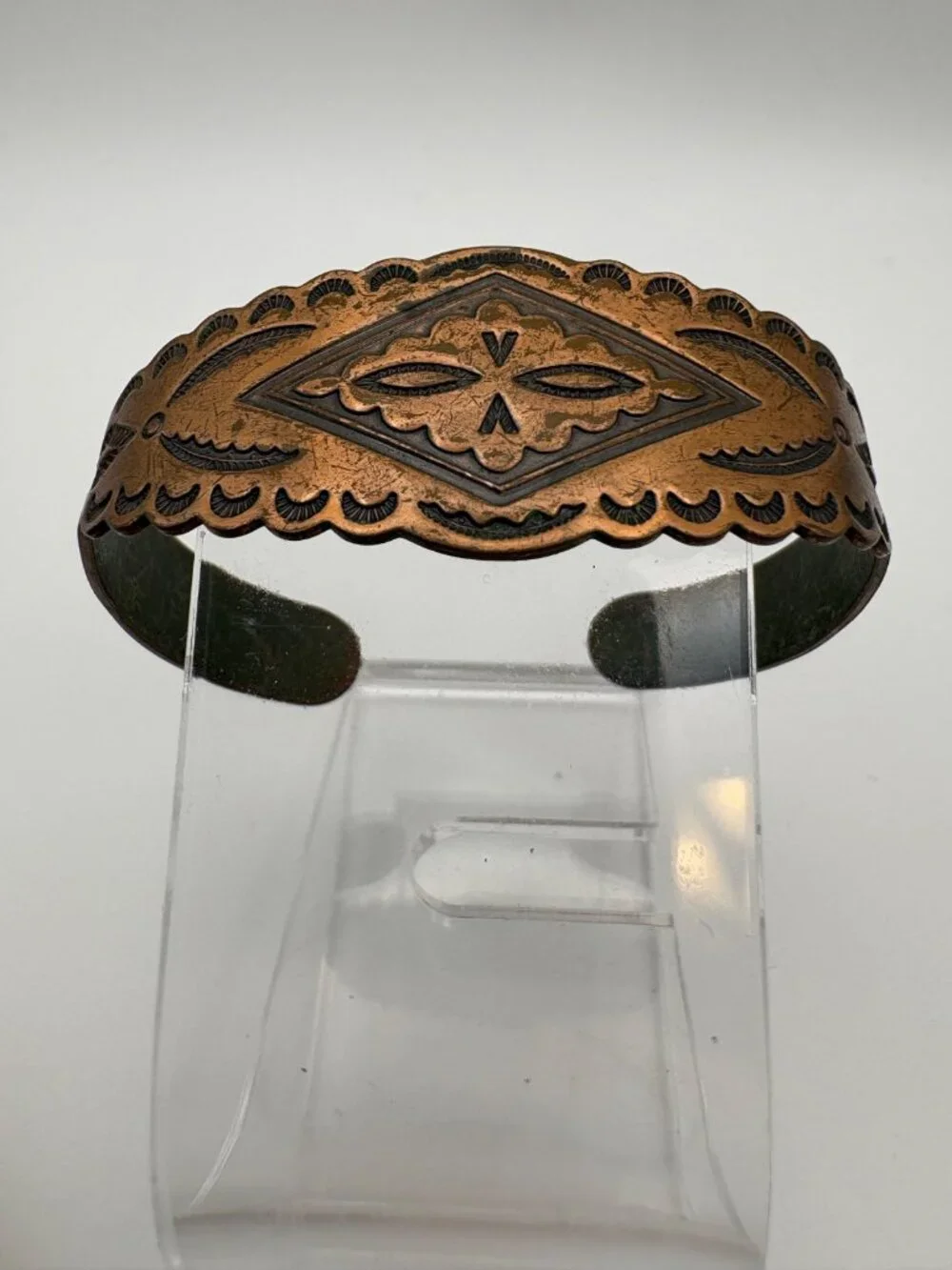 Vintage Solid Copper Stamped Cuff Bracelet Southwestern Diamond Scalloped Band